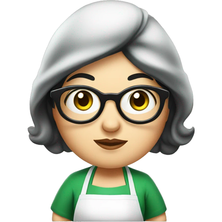 chubby lady with black hair and big eyes green apron  with glasses cooking  emoji