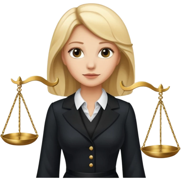woman lawyer blanche et blonde habillée avec une longue robe noire et un col blanc, avec la balance de la justice derrière elle emoji