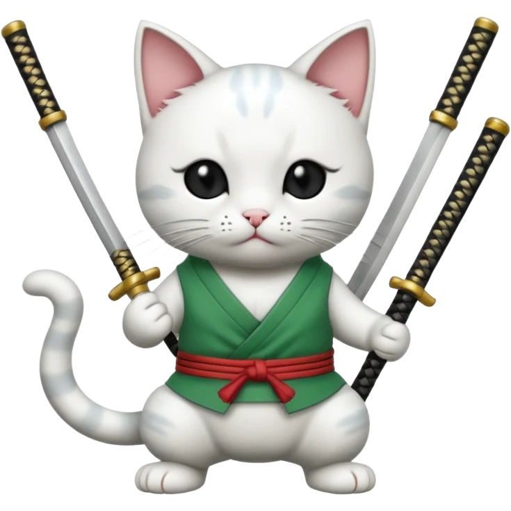 un gato blanco con reeferencia a roroa zoro "una espada en cada mano y una en la boca emoji