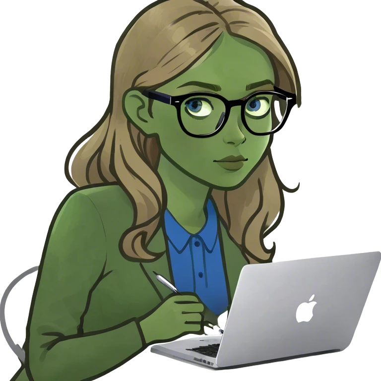 Pale skin girl with blue eyes, and dark blonde hair working with Mac  emoji