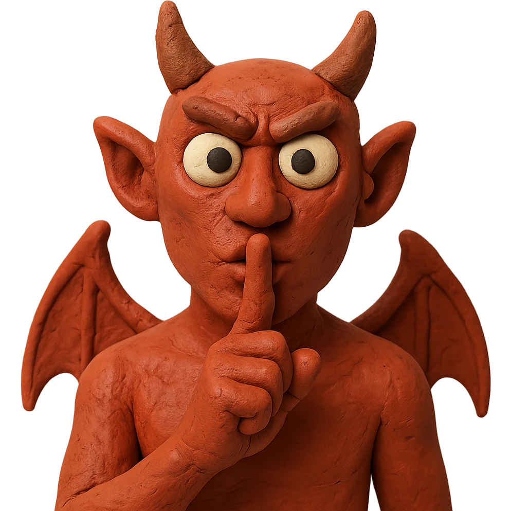 claymation style devil making a be quiet gesture, finger to lips emoji