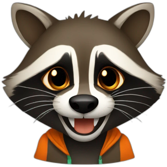 brown raccoon with orange eyes and a dark green hood that is laughing emoji