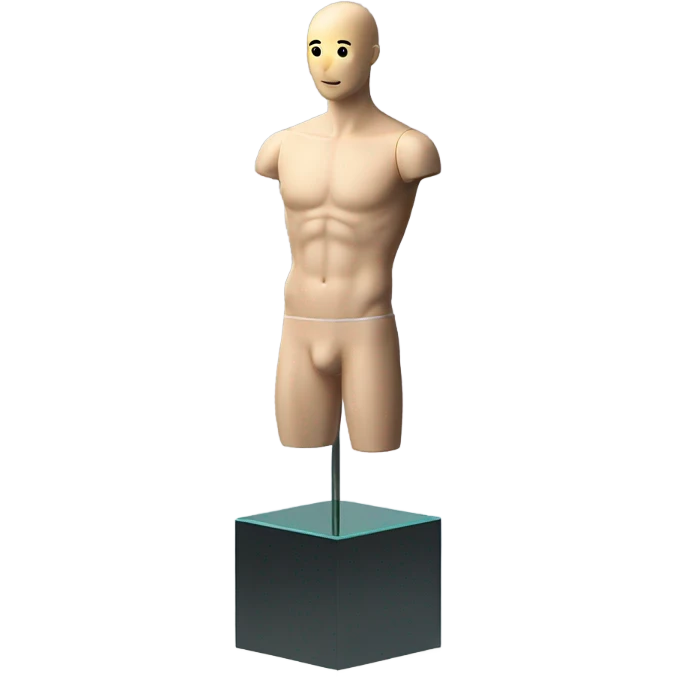 male mannequin abs cubes inside a glass cube on a stand isometric view emoji