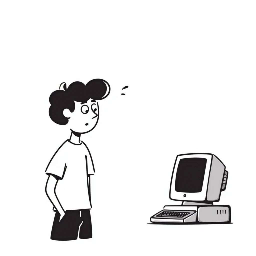 A young guy with a confused expression staring at a vintage desktop computer with bulky CRT monitor and old tower emoji