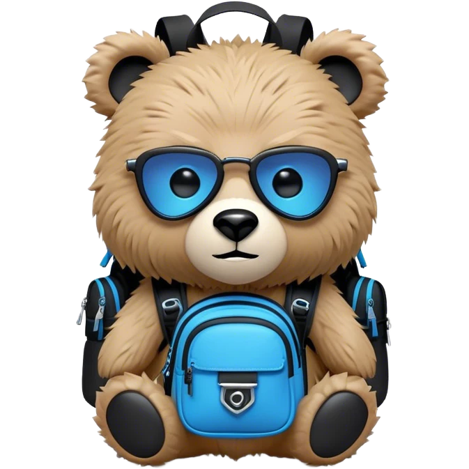 3D, adorable little Pixar style blue neon punk bear with a black backpack, ultra detailed, each lash, eye, and strand of fur is shown in stunning detail as though captured in a timeless photograph, rich textures, visually rich, so lifelike it feels like it could leap off the page at any moment emoji