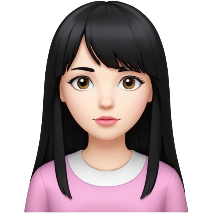 a white woman, with long, straight black hair, with a fringe, with a small pink clip in her hair, wearing a white shirt with a black design emoji