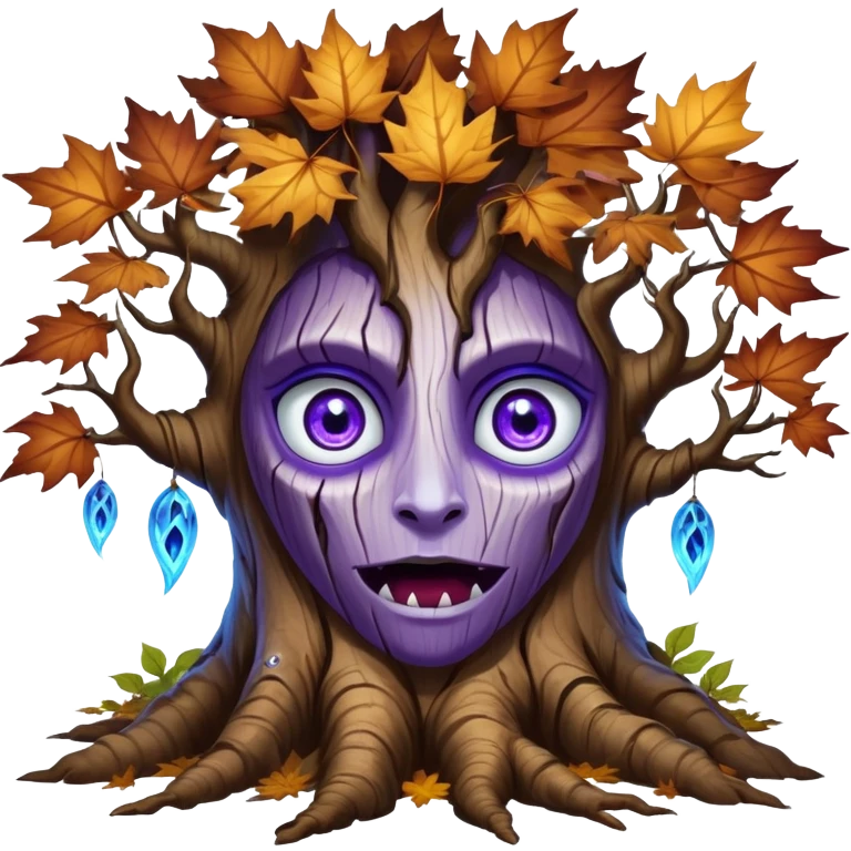 An ancient, psychic tree evolves by absorbing the essence of fallen autumn spirits, sprouting a radiant leaf, channels both forest wisdom and fiery seasonal magic through its gnarled. Purple eyes, blue eyes sharp teeth, bark wood skin, heterochromatic eyes, maple leafs emoji