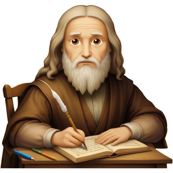 Cinematic Realistic Leonardo da Vinci Portrait Emoji, depicted as the quintessential Renaissance polymath with deep, thoughtful eyes, a flowing beard, and a quill or sketchbook in hand. The scene is illuminated with warm, classical lighting, evoking the atmosphere of a master artist’s workshop, surrounded by early sketches of inventions and masterpieces like the Mona Lisa. emoji