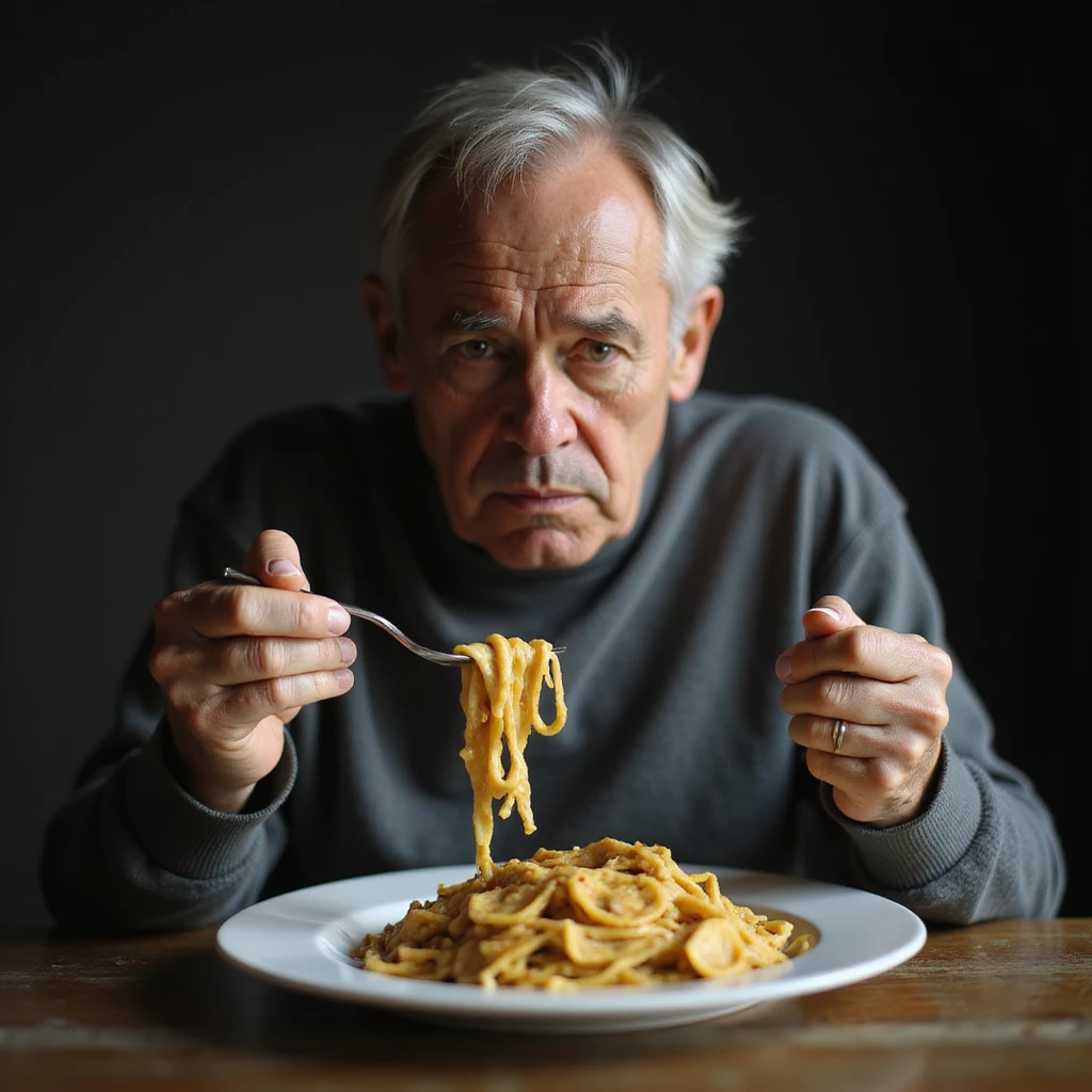 a hyperrealistic 4K image of a sad man about 30 years old eating a plate of pasta, with a sad expression emoji