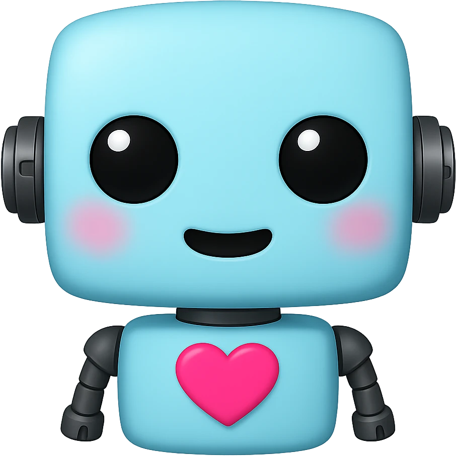 Create a transparent PNG of a cute light blue (#b0f2f8) robot with a heart on its chest, blushing, in the style of an Apple emoji. Remove the background and keep the robot's light blue color and cute features. emoji