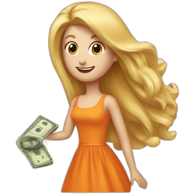 a man gives money to a girl in an orange dress with long blond hair emoji