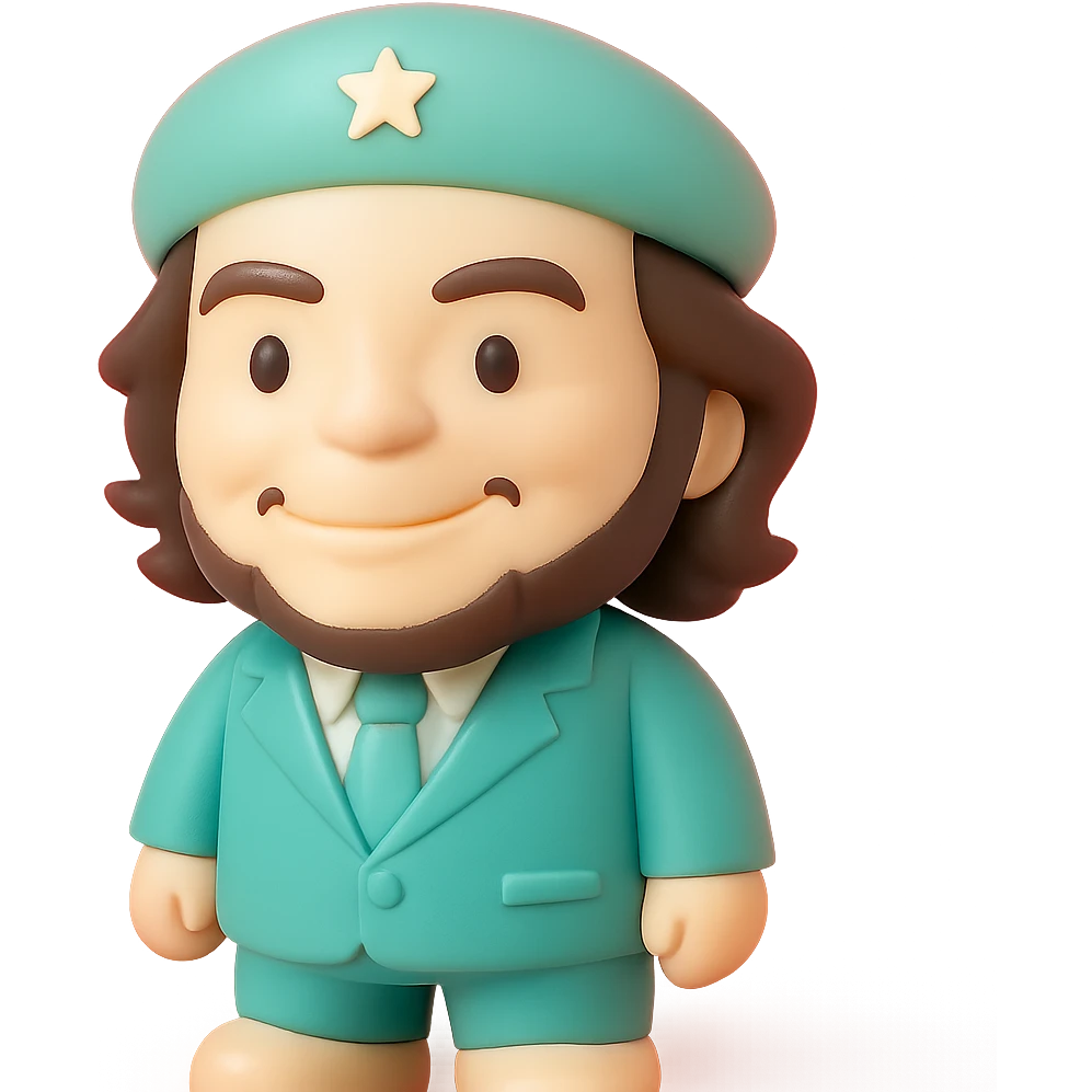statuette of Che Guevara in a suit and tie, big head, confident smile emoji