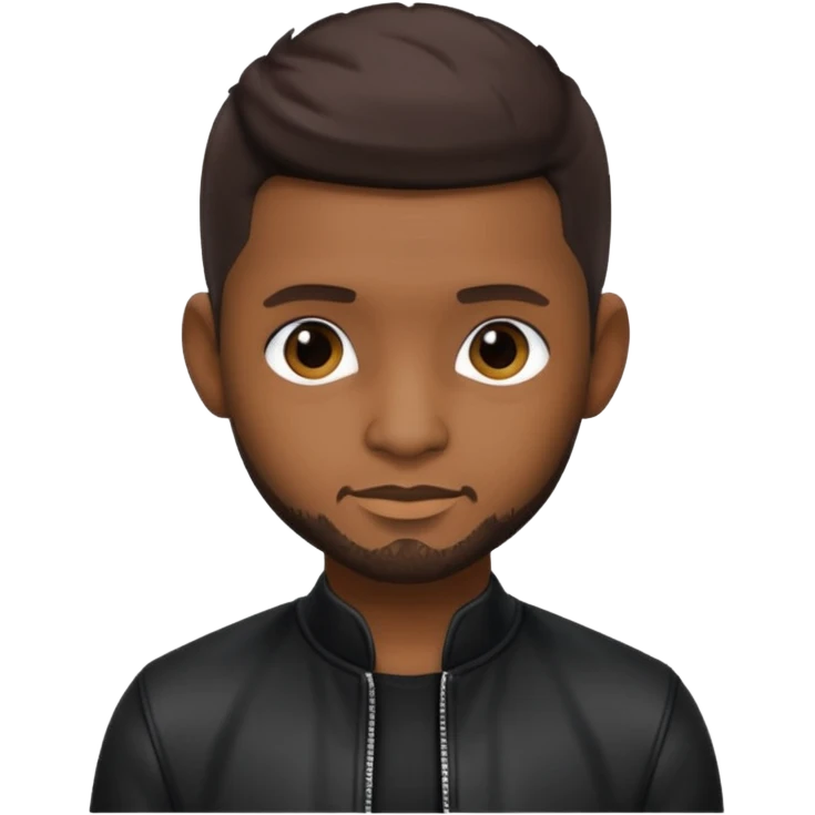 Usher with dark brown hair, vinyl black outfit emoji