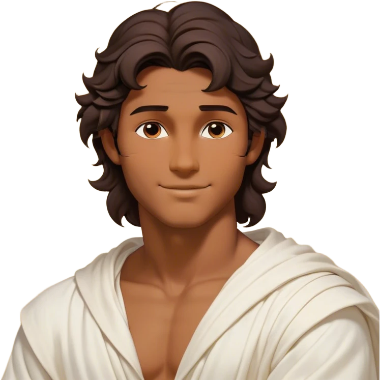Cinematic Realistic Hercules Portrait, head tilted playfully and inquisitively, showcasing a charming blend of Disney heroic charisma and the refined grace of Michelangelo's David. His sun-kissed bronze skin and thick, wavy dark hair are rendered with classical precision, complementing a warm, inviting smile and sparkling, mischievous eyes. Clad in a softly draped white robe with subtle golden details, he exudes approachable strength under gentle, natural lighting. emoji