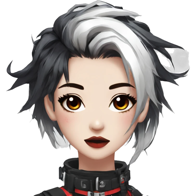 Gorgeous techwear anime style lady with blushing face aesthetic and pretty edgy black red white punk messy hair with collar and harness trending style emoji