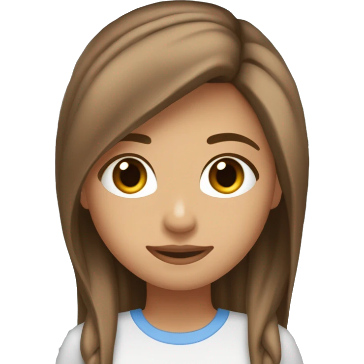 Una chica con el pelo castaño clarito liso con la raya al medio, tez en un tono un poco moreno, ojos marrone muy oscuros, sin pecas, nariz recta, con bastante pecho y la ropa de color azul emoji