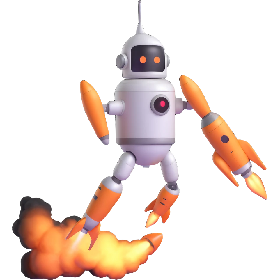 robot with rocket thrusters taking off emoji