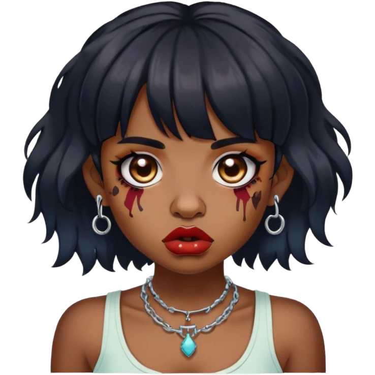 zumbi cor pele parda, piercing no nariz, dois piercings nos dois lados dos lábios, piercing no septo, cabelo médio ondulado preto e de franja emoji