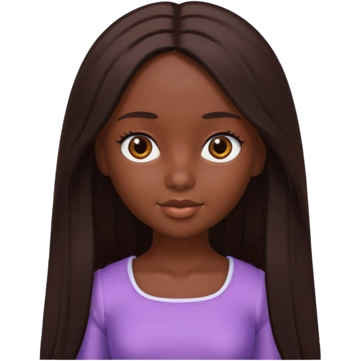 Boneca digital em estilo 3D realista e fofo, semelhante a uma boneca colecionável. Mulher jovem com pele negra, olhos castanhos escuros, cabelo liso cor chocolate, longo e bem alinhado.  emoji