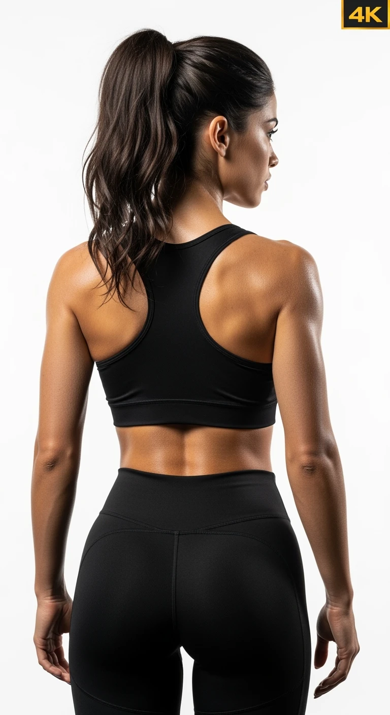 DONNA FITNESS DI SPALLE, IPERREALISTICA 4K, SFONDO BIANCO emoji