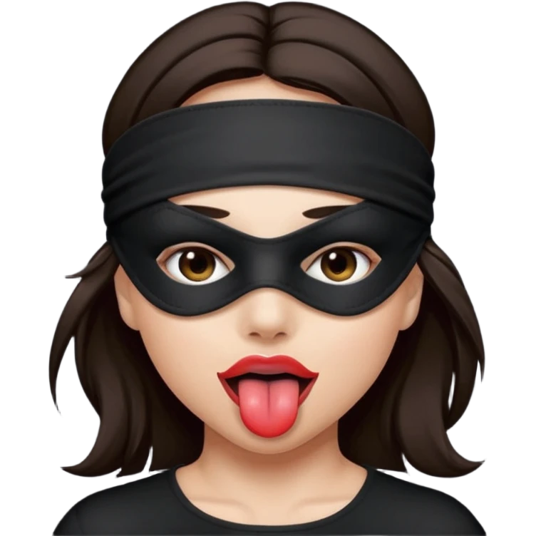woman with dark brown hair wearing black fabric over eyes with tongue out emoji