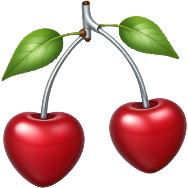 A pair of cherries emoji made of polished silver chrome, smooth rounded shapes, glossy metallic finish, soft highlights and reflections, cute proportions, iOS emoji style, centered, clean white background, no text emoji