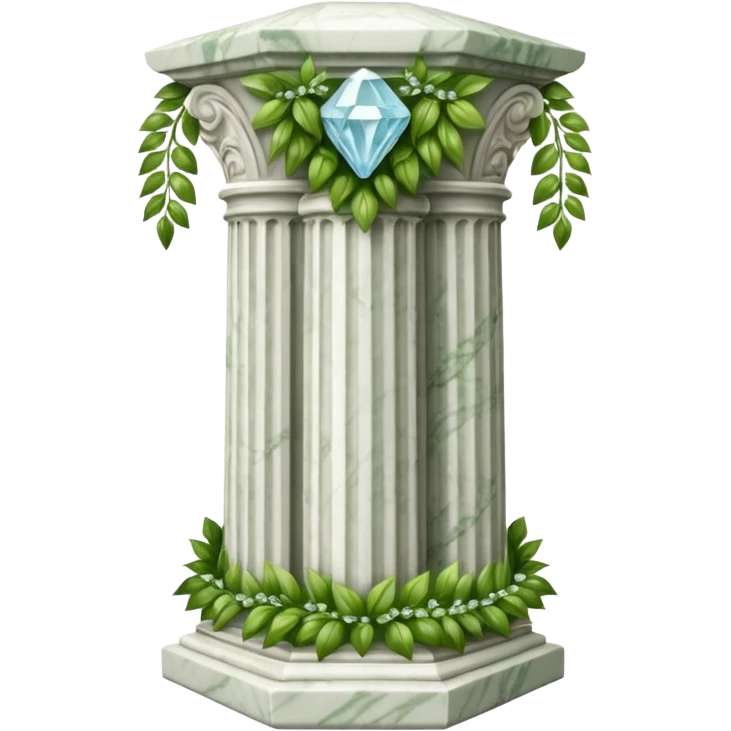 generate beautiful greek marble pillar intricate front view more beautiful with greenery wrapping around the pillar make the pillar made of diamond emoji