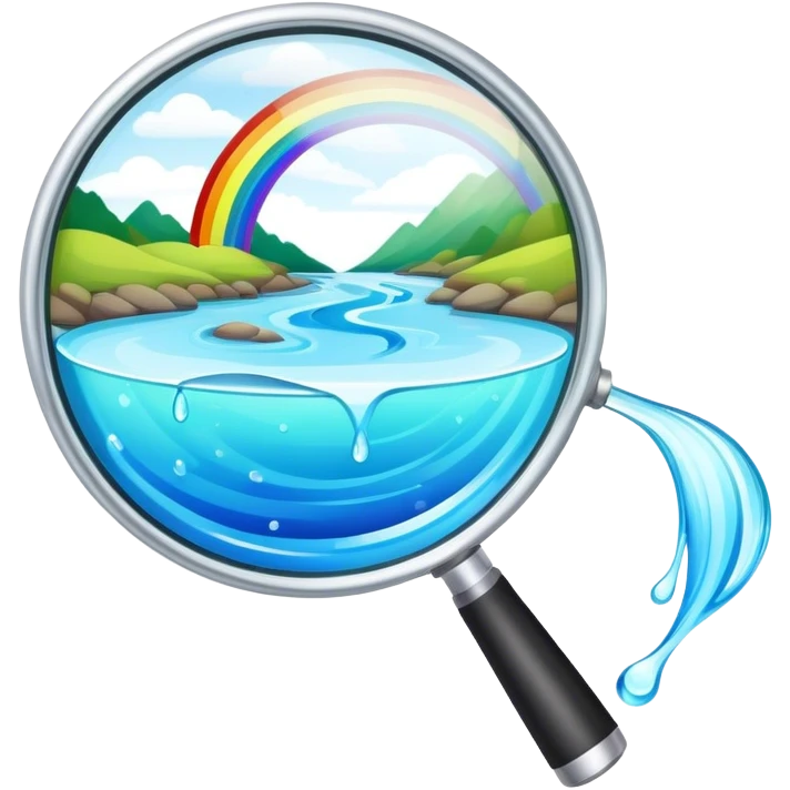 a magnifying glass with a rainbow river flowing through it and passing by emoji