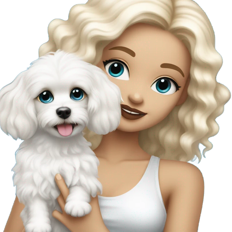 White Cute long haired Blonde and blue-eyed girl fashion nightclub outfit and holding happy white cavachon dog emoji