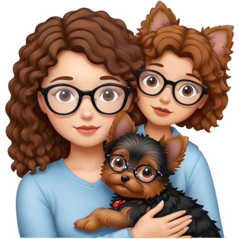 Girl with brown curly hair wearing glasses cuddling with a cute yorkie emoji
