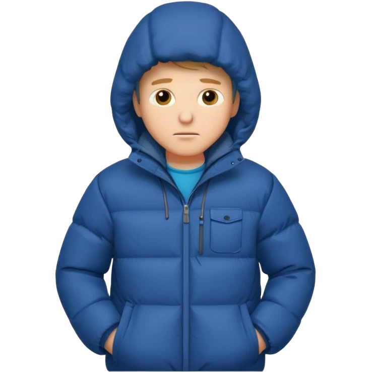 A man sitting on a chair, wearing a puffed coat with hood, hands in his pocket, freezing in the winter emoji