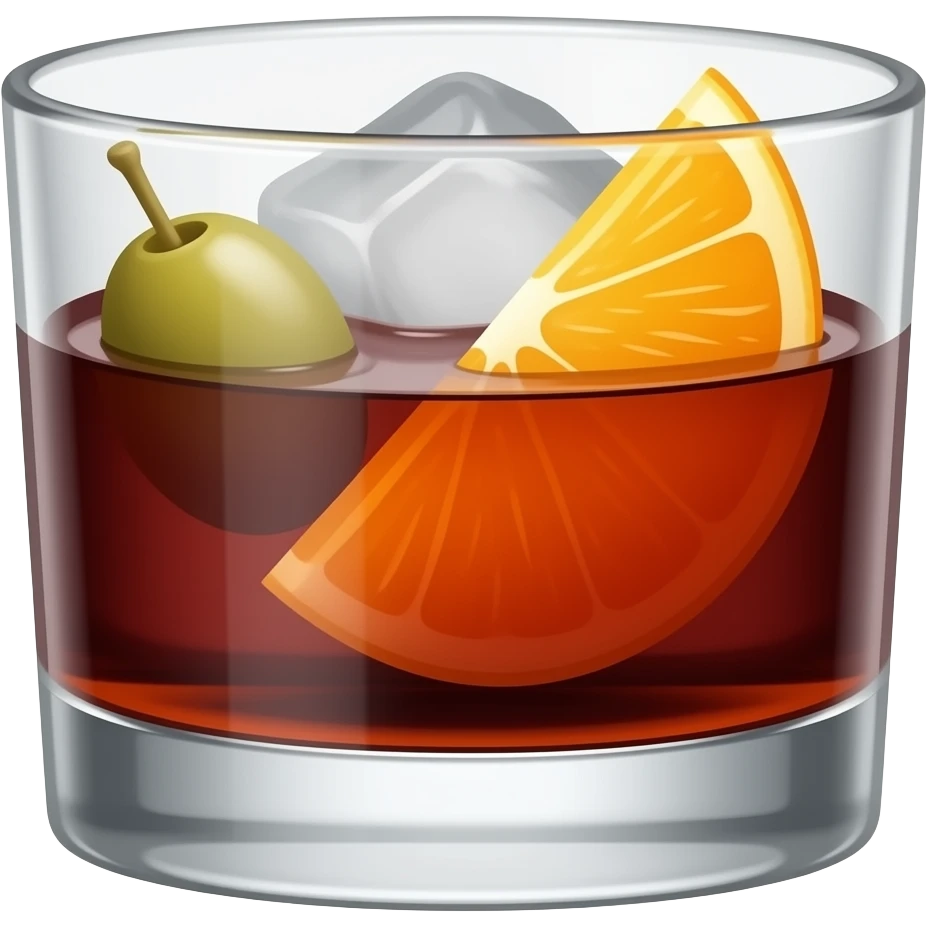 A short whiskey glass filled near the top with dark red vermouth. It has a big block of ice, an olive and a thin slice of orange in the glass too emoji