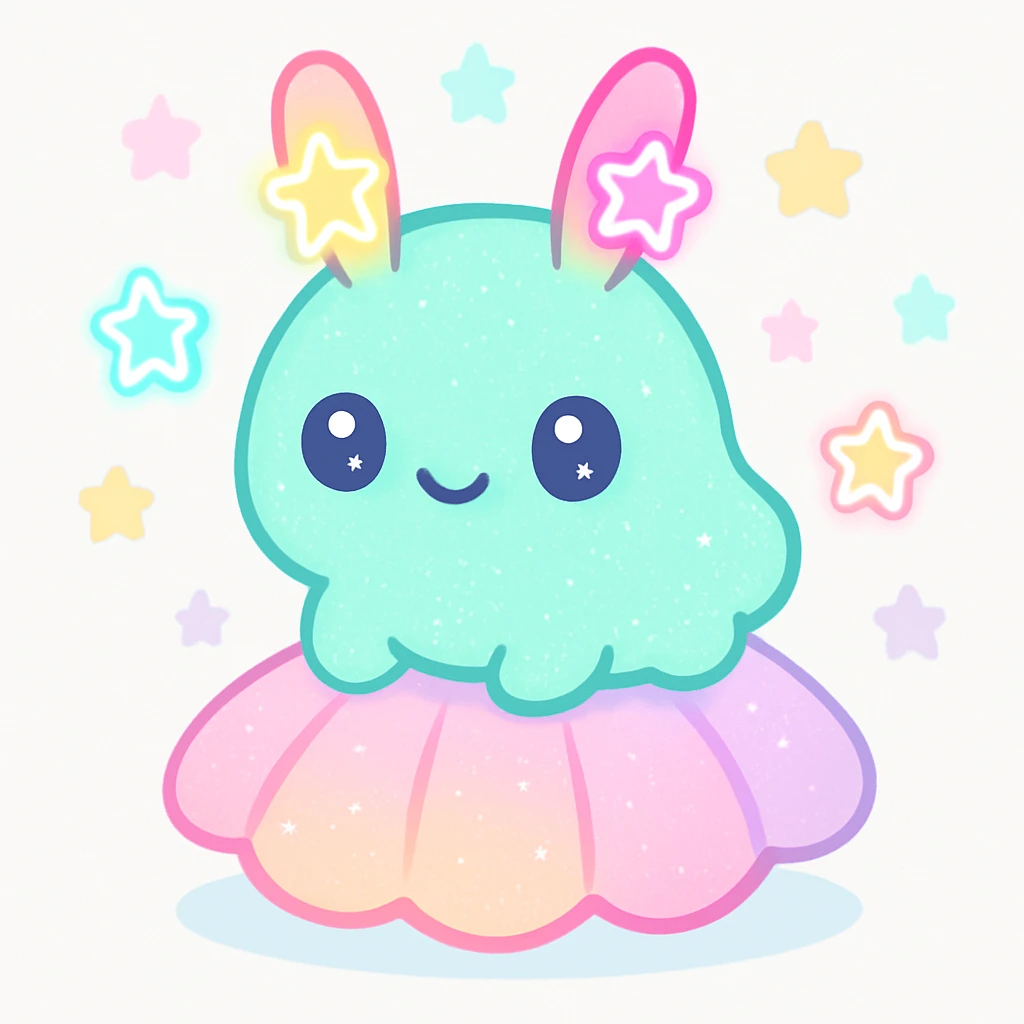 kawaii neon star glitter sea bunny, sitting on a glittery shell, surrounded by neon stars emoji
