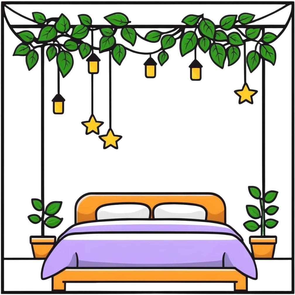 dreamy bed with twinkle lights and leafy vines hanging from above emoji