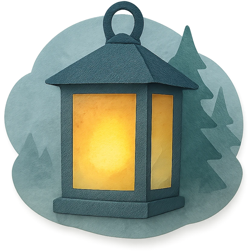 a lantern glowing softly in the misty woods, calm and dreamy feel, paper craft style emoji