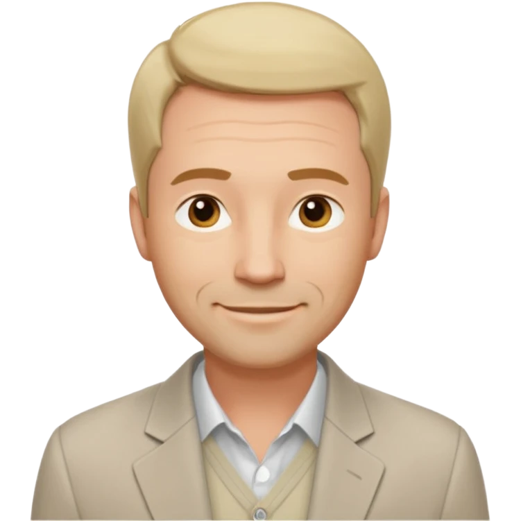 Мужчина средних лет с аккуратной короткой стрижкой и лёгкой щетиной, спокойное доброжелательное выражение лица, одет в лаконичный светлый пиджак и однотонную футболку.The benefactor emoji