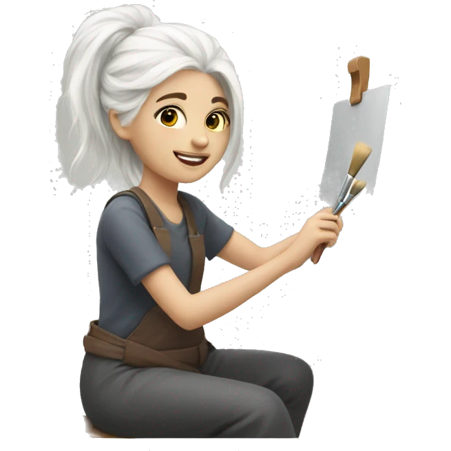 A girl with white hair is painting with a brush on a  emoji