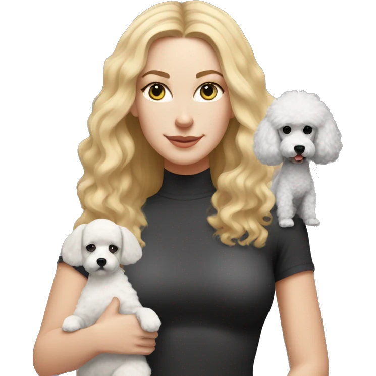 white woman with long blonde hair and cat shaped eyes wearing a yoga outfit standing alongside a black/white poodle emoji
