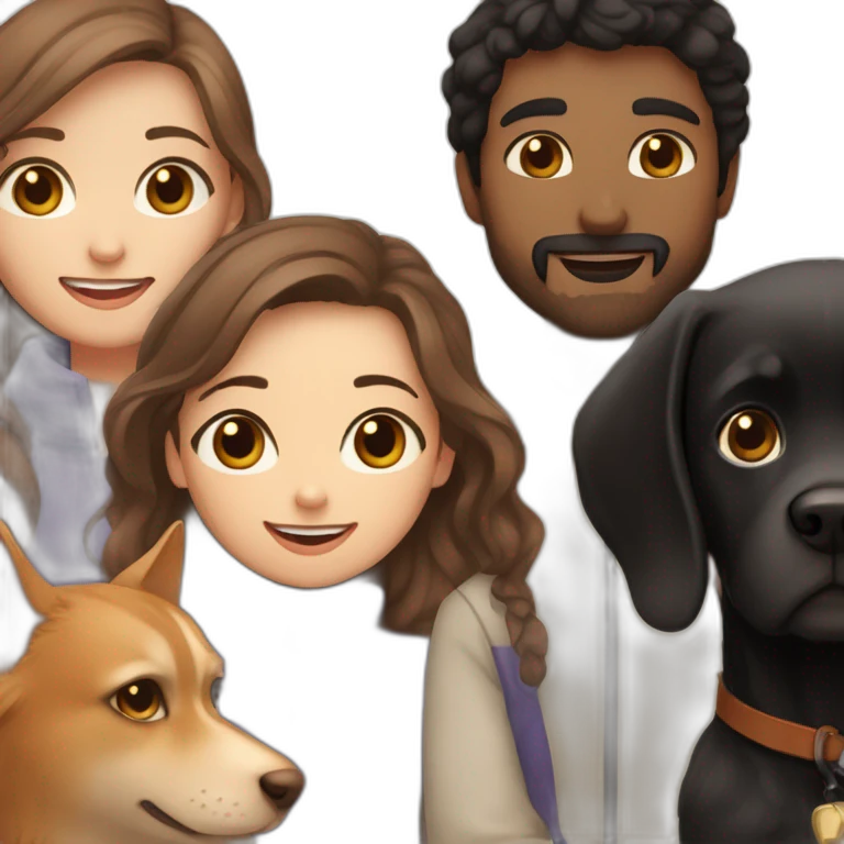 A girl with long brown hair, a guy with black hair and a beard, a small black dog and a cat of golden color with cinnamon emoji