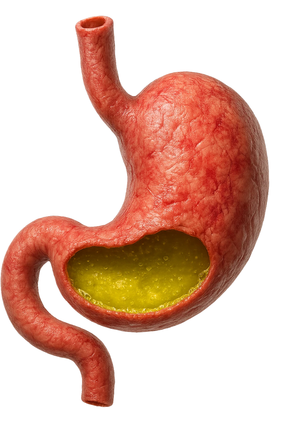 stomaco umano anatomico infiammato con acido giallo all'interno, iperrealistico 4k, isolato su sfondo bianco emoji