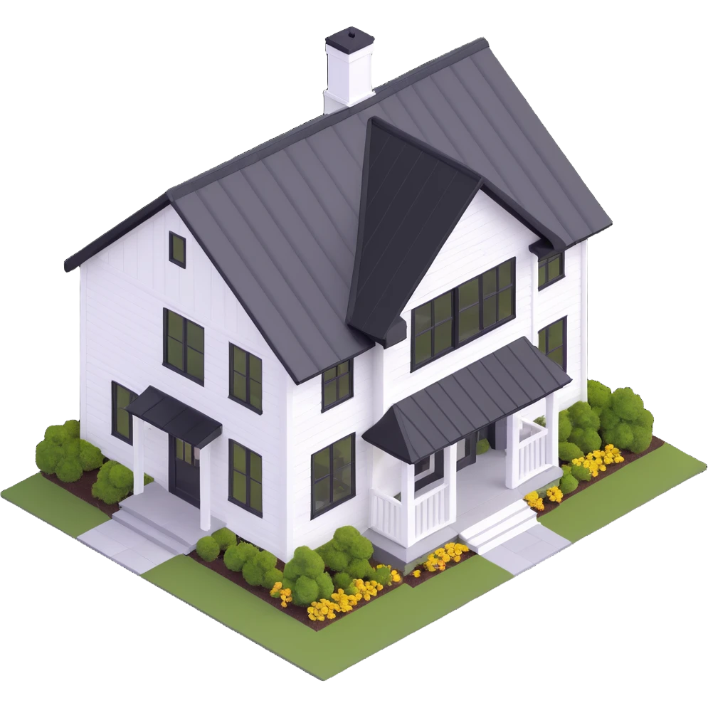 modern farmhouse with white siding, black roof and black trim, isometric exterior view emoji