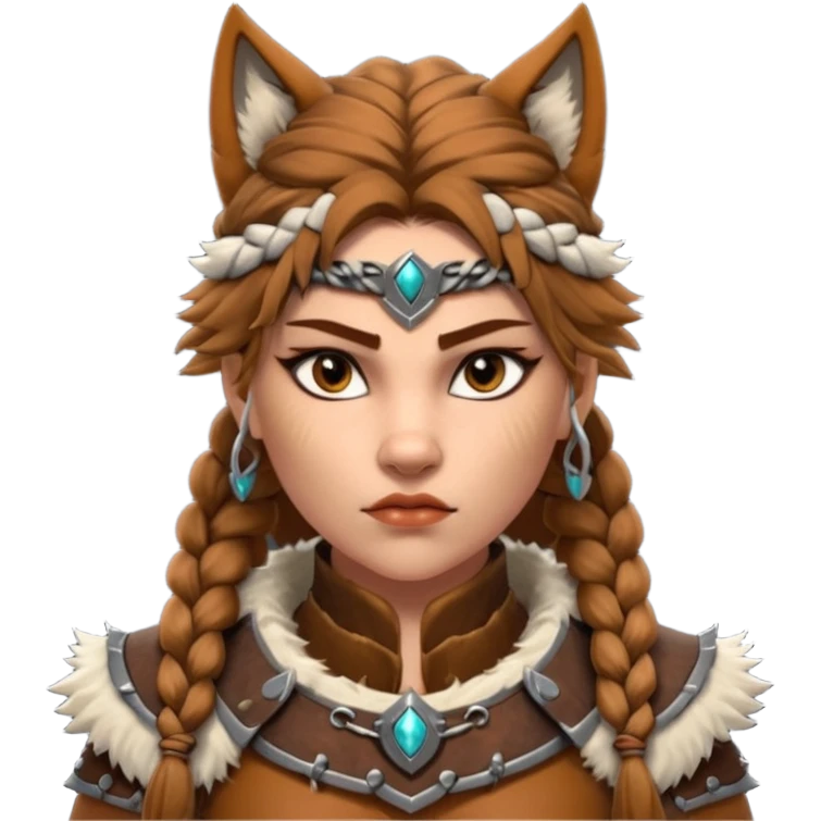 barbarian woman wolf rider portrait, head and shoulders only, fierce female warrior, fur-lined barbarian armor collar, wolf fur details, wild braided hair, intense eyes, tribal warrior vibe, fantasy style, 3D cartoon, mobile game icon style, clean background, no text, no watermark
 emoji