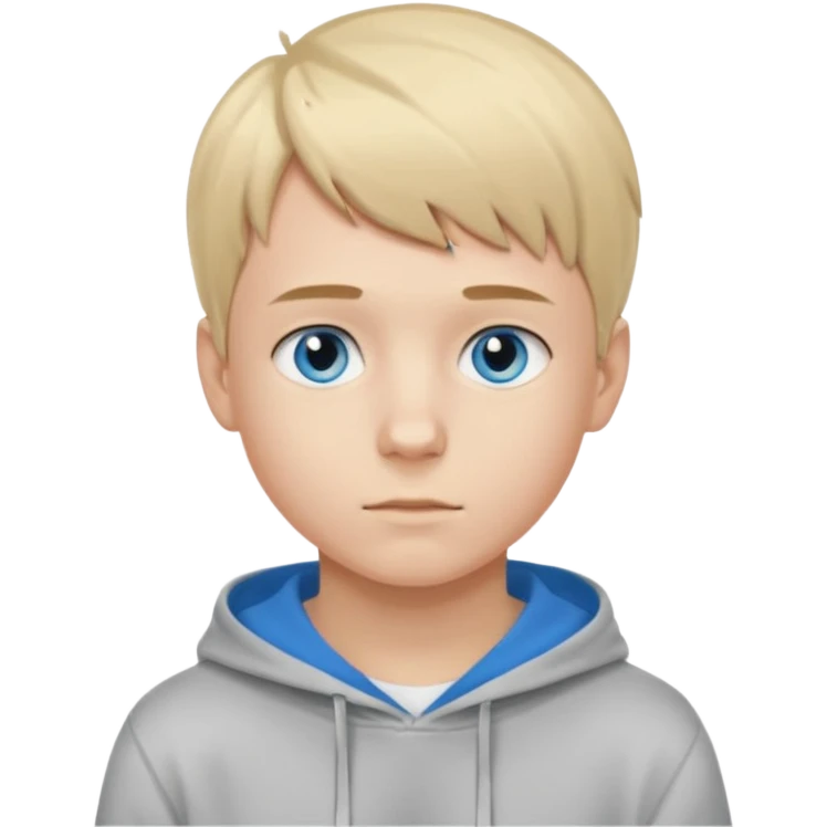 Teen boy with blue eyes and Grey hoodie standing up with blond short hair and short bangs emoji