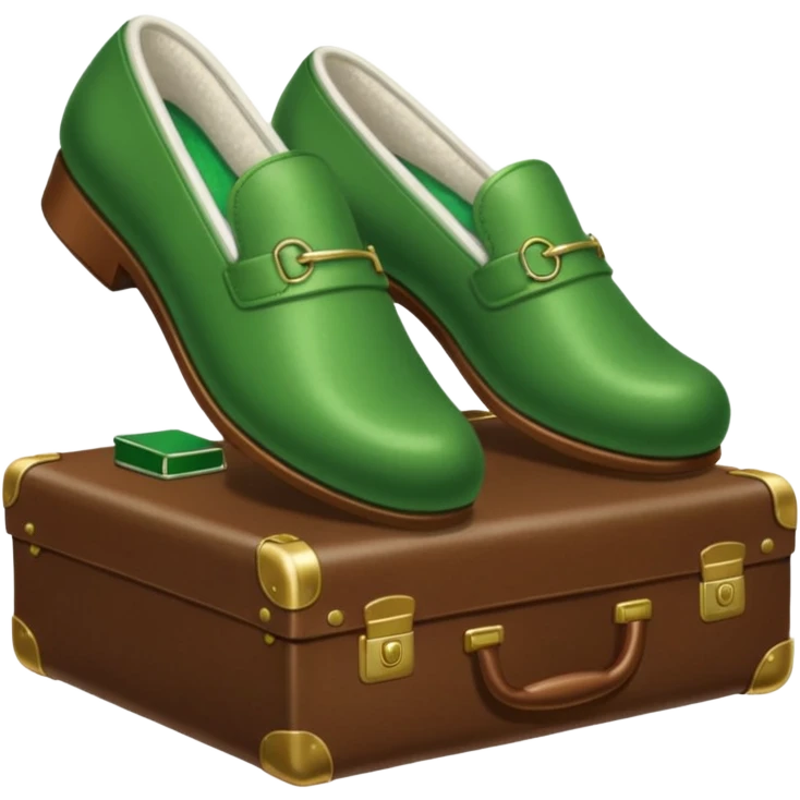 Feet with white socks wearing green slippers standing on a briefcase emoji
