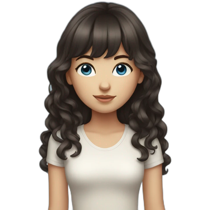 girl with dark brown hair, thick bangs, blue eyes emoji