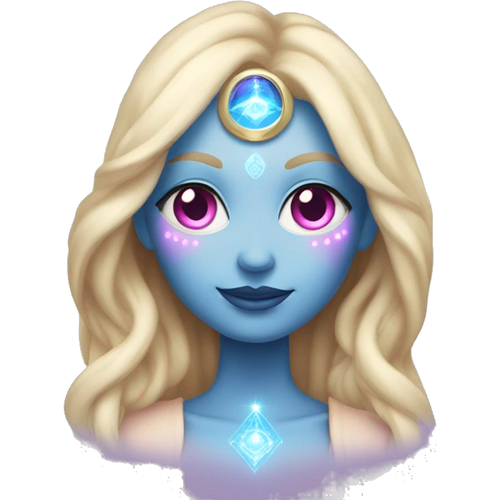 magical diva with thin pink andromedan face long blonde hair and blue eyes glowing third eye emoji