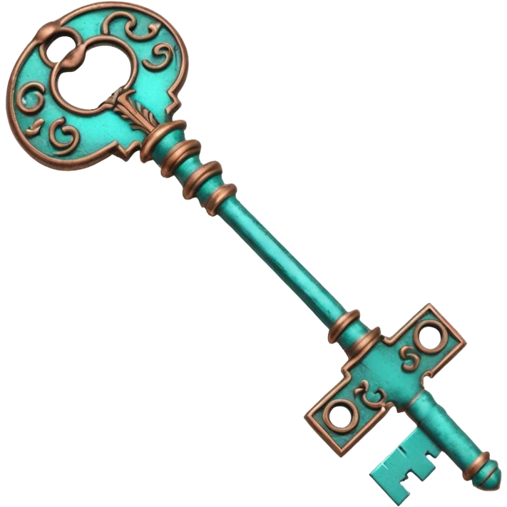 3D render of Vintage Key, heavily oxidized copper texture, verdigris patina, Ornate key fully turned teal, weathered bronze aesthetic, ancient decay, emoji style, isolated on white background --v 6.0. emoji