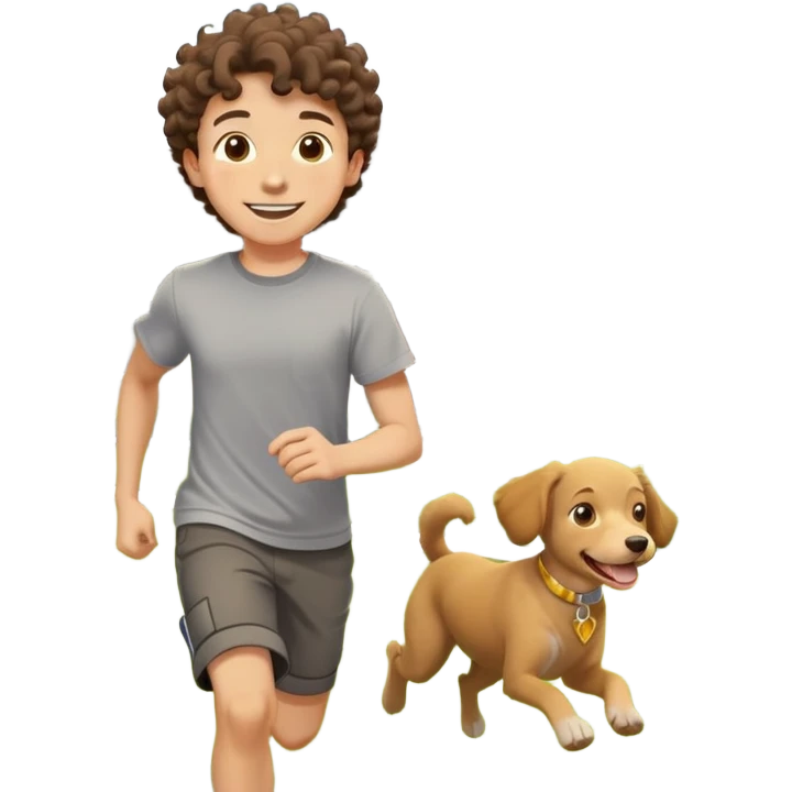 A smiling teenage boy with curly hair and a gray t-shirt standing in a garden, wearing a yellow pendant necklace, looking at the viewer, with a dog running in the grass in the background, suburban house, natural lighting, depth of field, high resolution, realistic painting, style of impressionism. emoji
