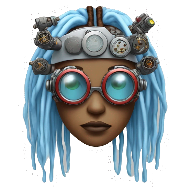 Light blue long dreadlocks female cyborg head with red steampunk goggles and circuits emoji