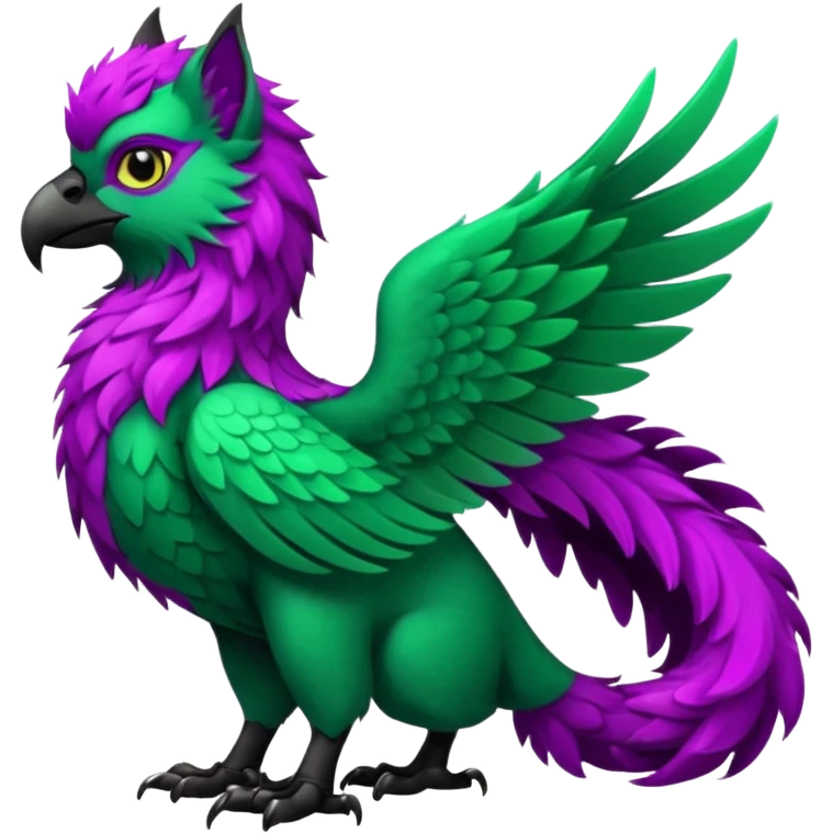 Emerald-green gryphon with a long tufted tail, black beak, dark-magenta swirly pattern markings, black claws, black tail, majestic, realistic, furry (full body) emoji